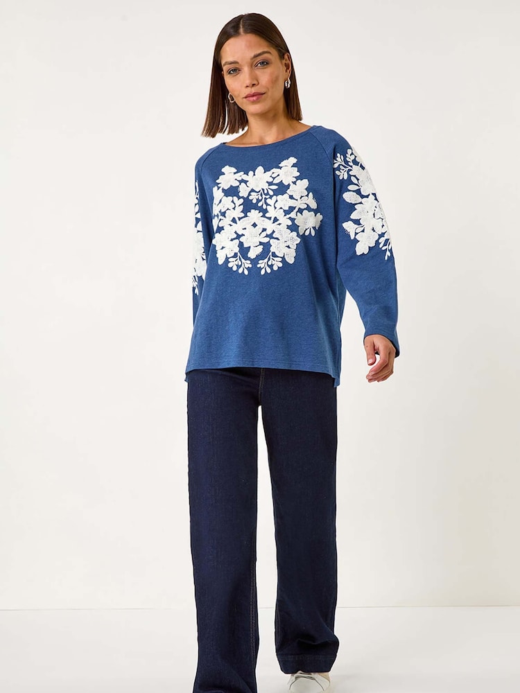 Roman Blue Floral Appliqué Detail Stretch 100% Cotton Top - Image 2 of 5