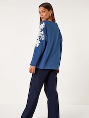 Roman Blue Floral Appliqué Detail Stretch 100% Cotton Top - Image 3 of 5