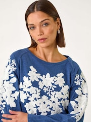 Roman Blue Floral Appliqué Detail Stretch 100% Cotton Top - Image 4 of 5