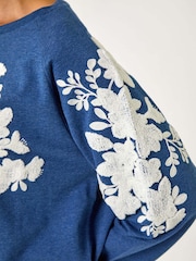 Roman Blue Floral Appliqué Detail Stretch 100% Cotton Top - Image 5 of 5