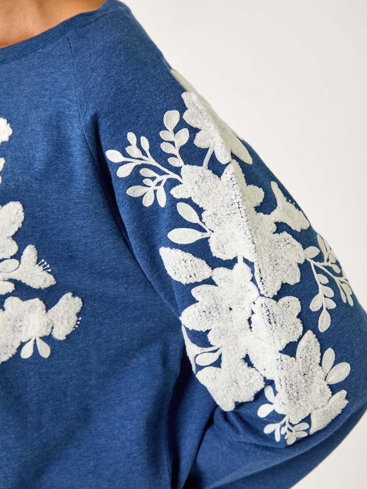 Roman Blue Floral Appliqué Detail Stretch 100% Cotton Top - Image 5 of 5