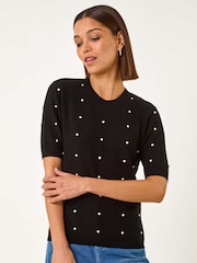 Roman Black Faux Pearl Embelished Knit Top - Image 2 of 5