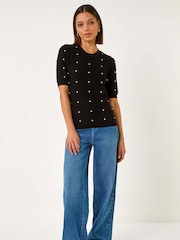 Roman Black Faux Pearl Embelished Knit Top - Image 4 of 5
