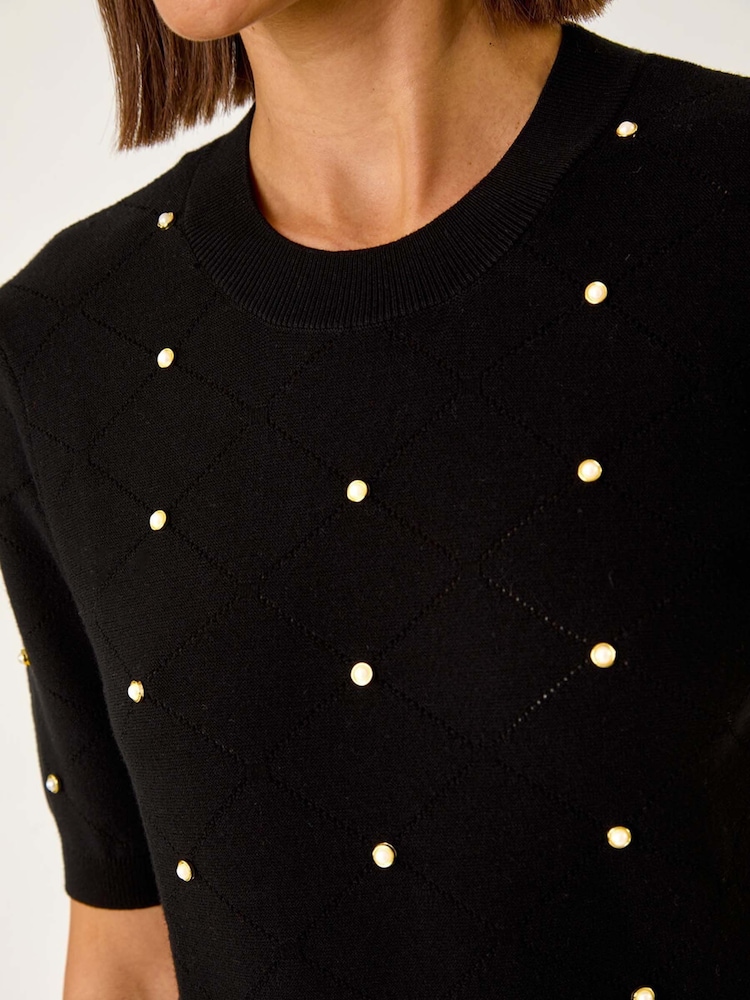 Roman Black Faux Pearl Embelished Knit Top - Image 5 of 5