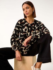 Roman Black Abstract Print Textured Top - Image 1 of 5