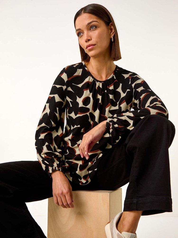 Roman Black Abstract Print Textured Top - Image 1 of 5