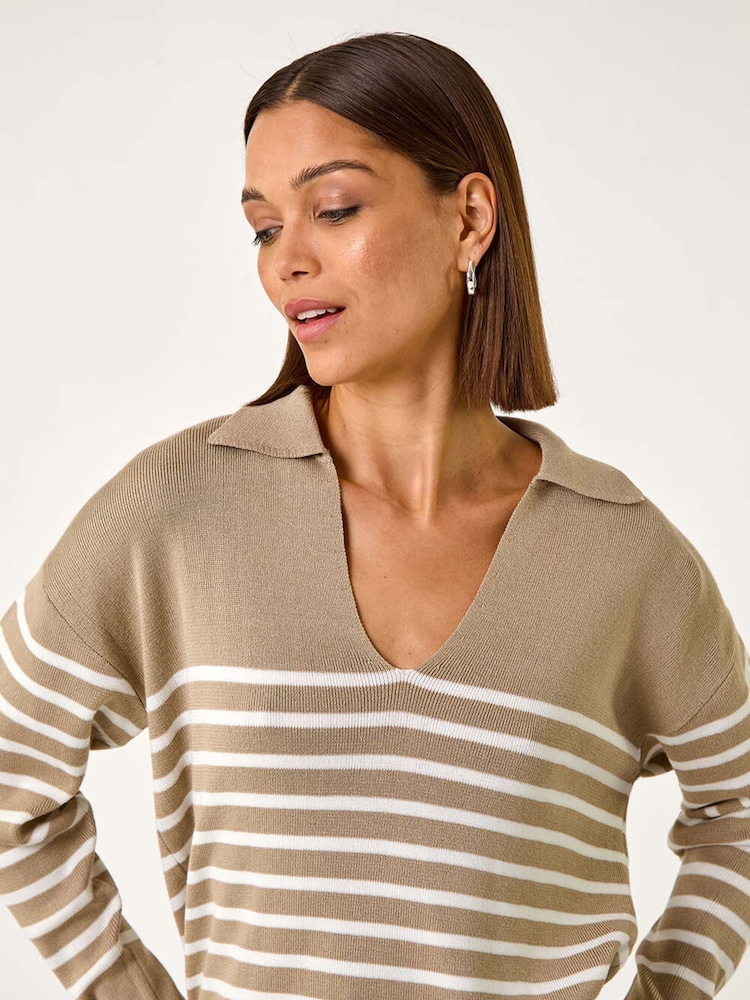 Roman Natural Horizontal Stripe Collared Knit Jumper - Image 1 of 5