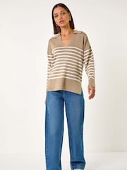 Roman Natural Horizontal Stripe Collared Knit Jumper - Image 2 of 5