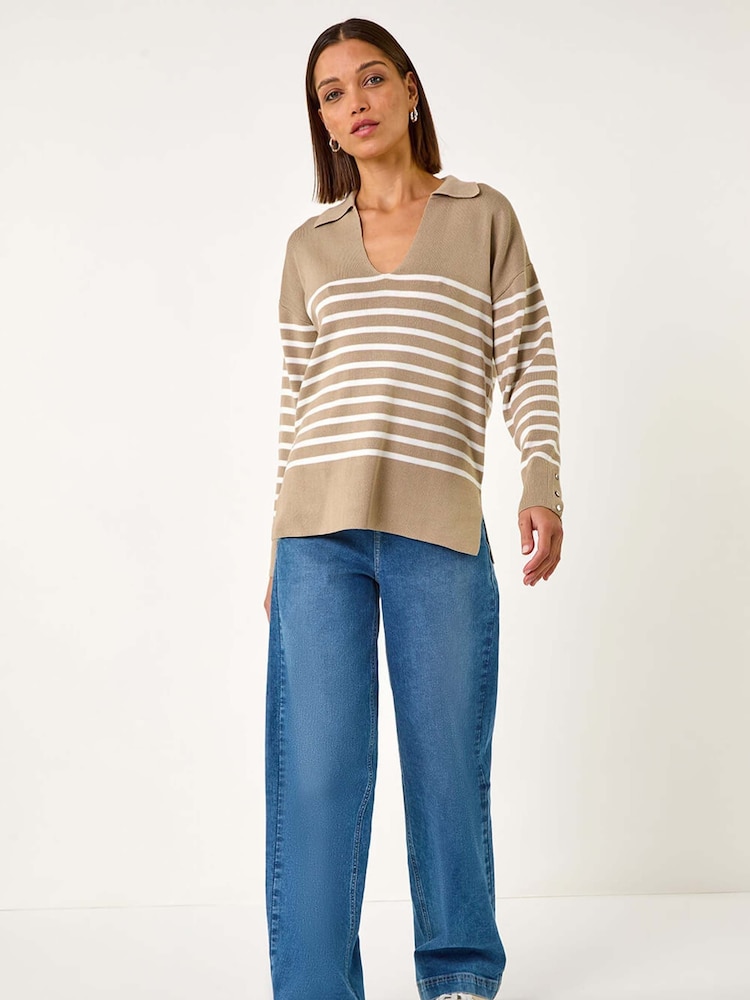 Roman Natural Horizontal Stripe Collared Knit Jumper - Image 2 of 5