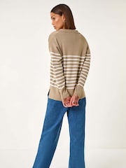 Roman Natural Horizontal Stripe Collared Knit Jumper - Image 3 of 5