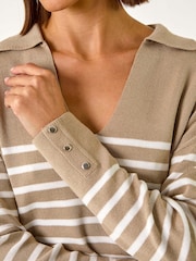 Roman Natural Horizontal Stripe Collared Knit Jumper - Image 5 of 5