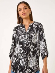 Roman Black Floral Print Shoulder Pleat Shirt - Image 1 of 4