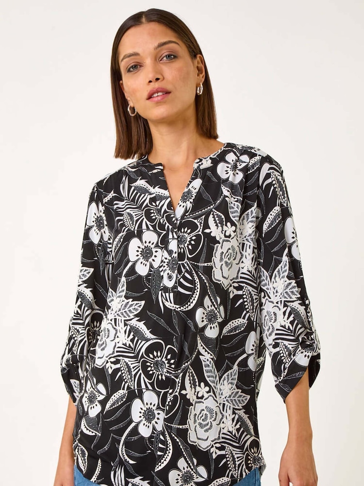Roman Black Floral Print Shoulder Pleat Shirt - Image 1 of 4