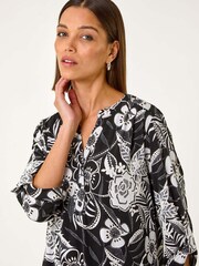 Roman Black Floral Print Shoulder Pleat Shirt - Image 3 of 4