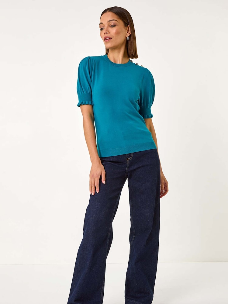 Roman Blue Puff Sleeve Button Detail Knit Top - Image 2 of 5