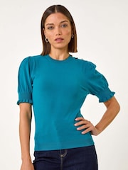 Roman Blue Puff Sleeve Button Detail Knit Top - Image 3 of 5
