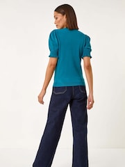 Roman Blue Puff Sleeve Button Detail Knit Top - Image 4 of 5
