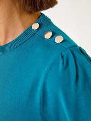 Roman Blue Puff Sleeve Button Detail Knit Top - Image 5 of 5