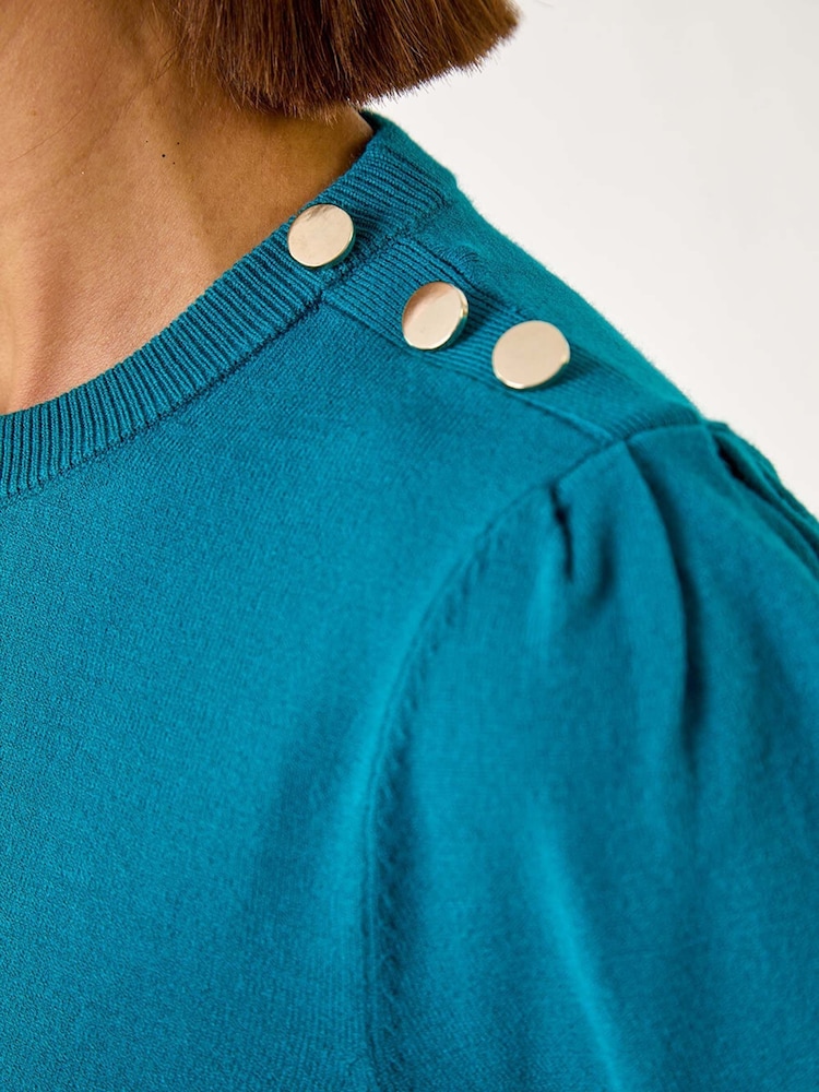Roman Blue Puff Sleeve Button Detail Knit Top - Image 5 of 5