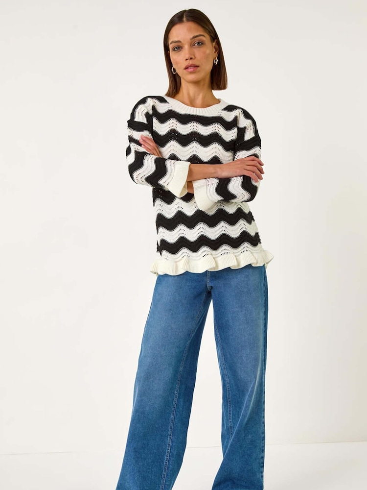 Roman Black Wave Pie Hem Colour Block Knit Jumper - Image 2 of 4