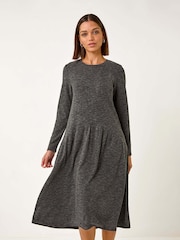 Roman Grey Ribbed Drop Waist Stretch Midi Dress - Image 1 of 5