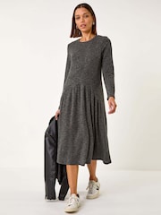 Roman Grey Ribbed Drop Waist Stretch Midi Dress - Image 2 of 5