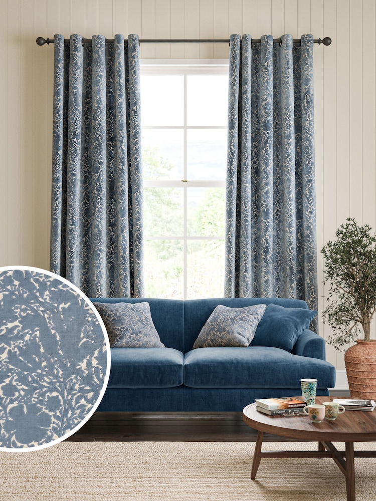 William Morris At Home Indigo Blue Compton Silhouette Velvet Made to Measure Curtains - Image 1 of 9