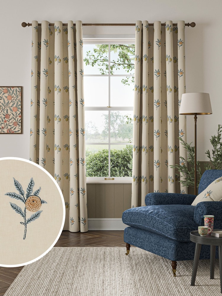 William Morris At Home Natural/Blue Fruit Embroidery Made to Measure Curtains - Image 1 of 9