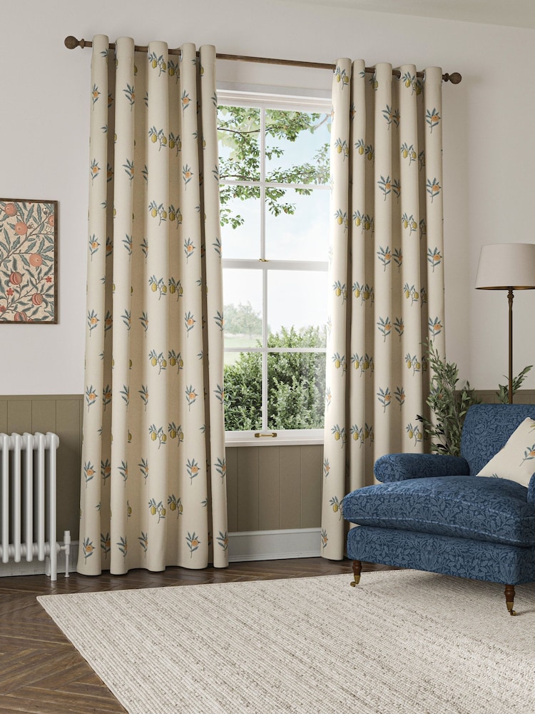 William Morris At Home Natural/Blue Fruit Embroidery Made to Measure Curtains - Image 2 of 9