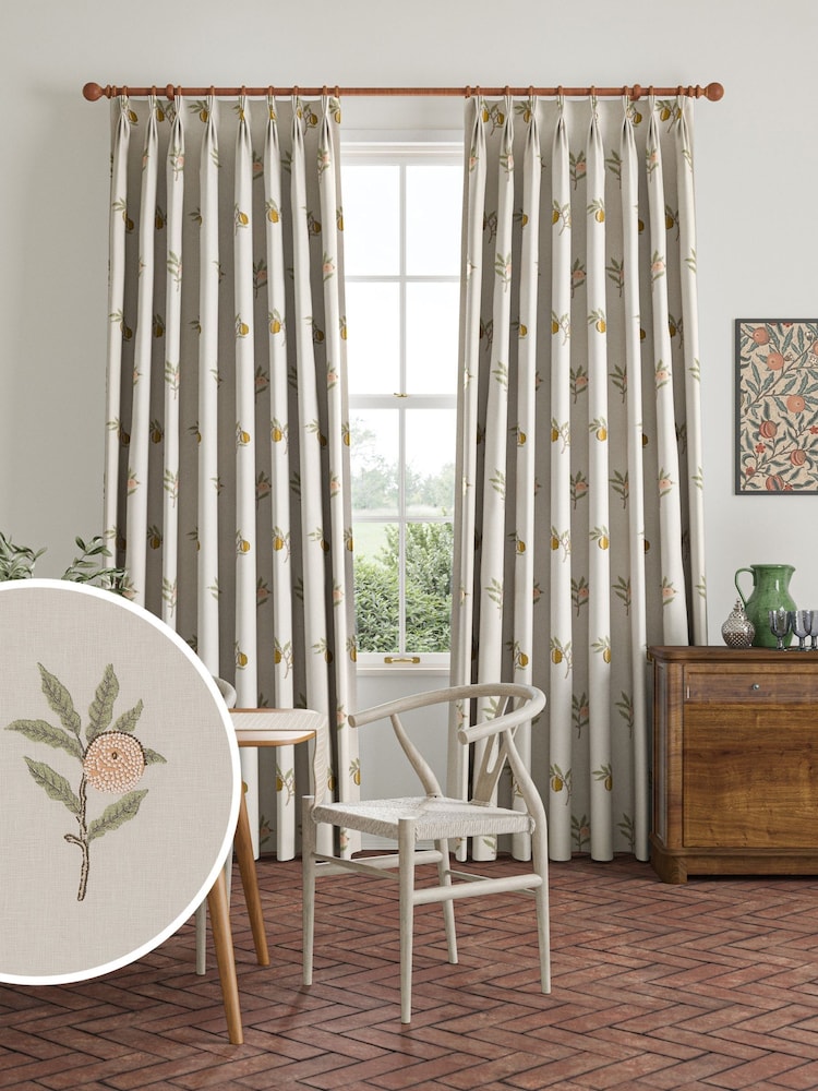 William Morris At Home Natural/Sage Green Fruit Embroidery Made to Measure Curtains - Image 1 of 9