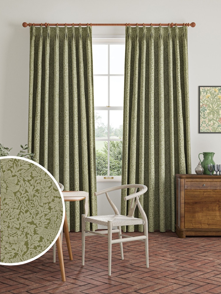 William Morris At Home Moss Green Bird and Anemone Woven Made to Measure Curtains - Image 1 of 9