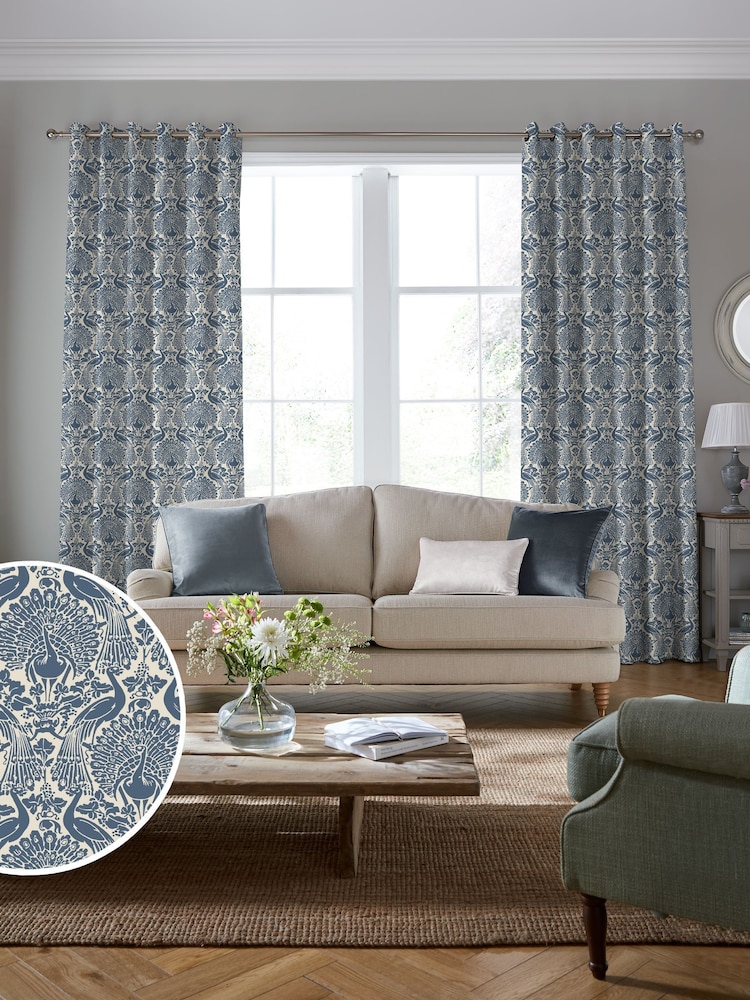 Laura Ashley Seaspray Blue Peacock Damask Made to Measure Curtains - Image 1 of 9