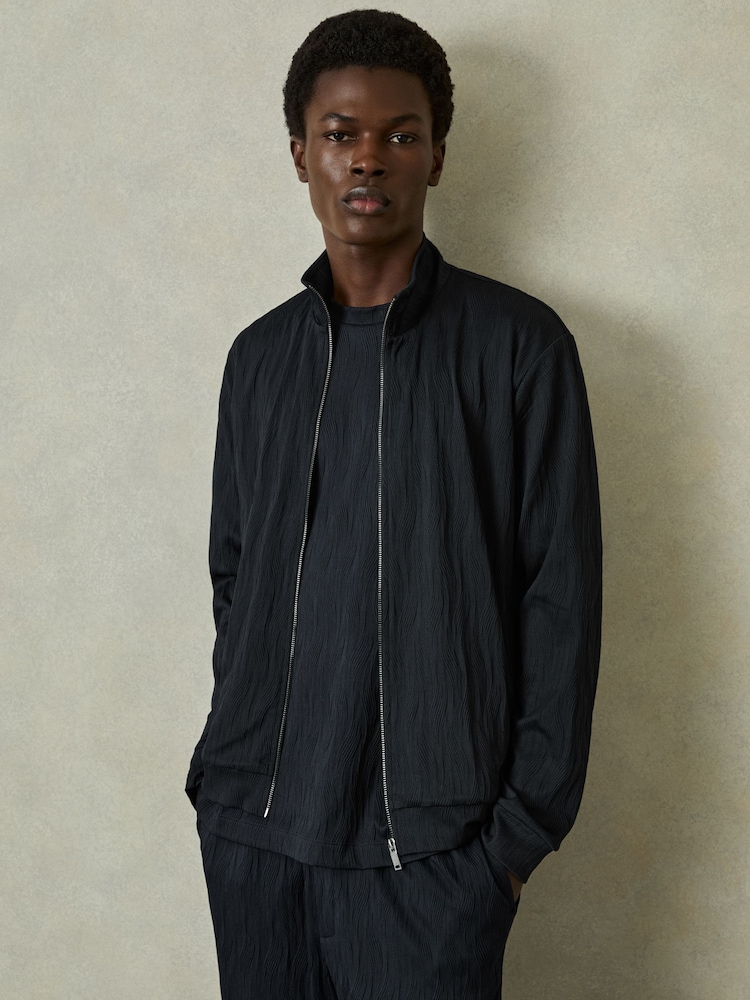 Reiss Navy Aksel Wave-Jacquard Zip-Through Jacket - Image 1 of 7