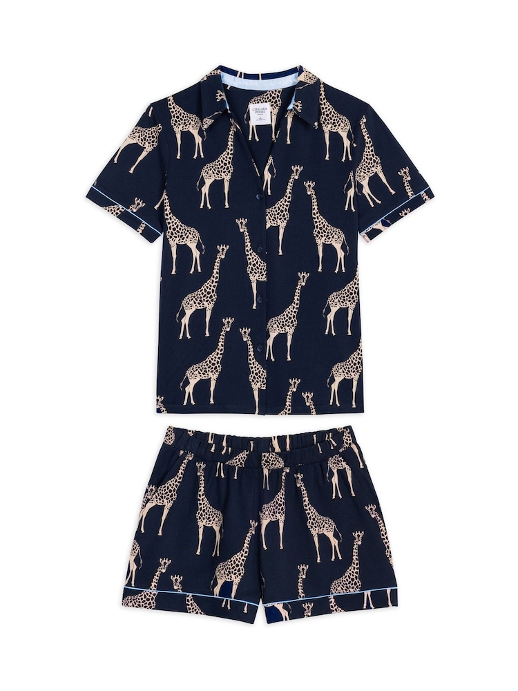 Chelsea Peers Blue Cotton Giraffe Print Short Pyjamas Set - Image 5 of 5