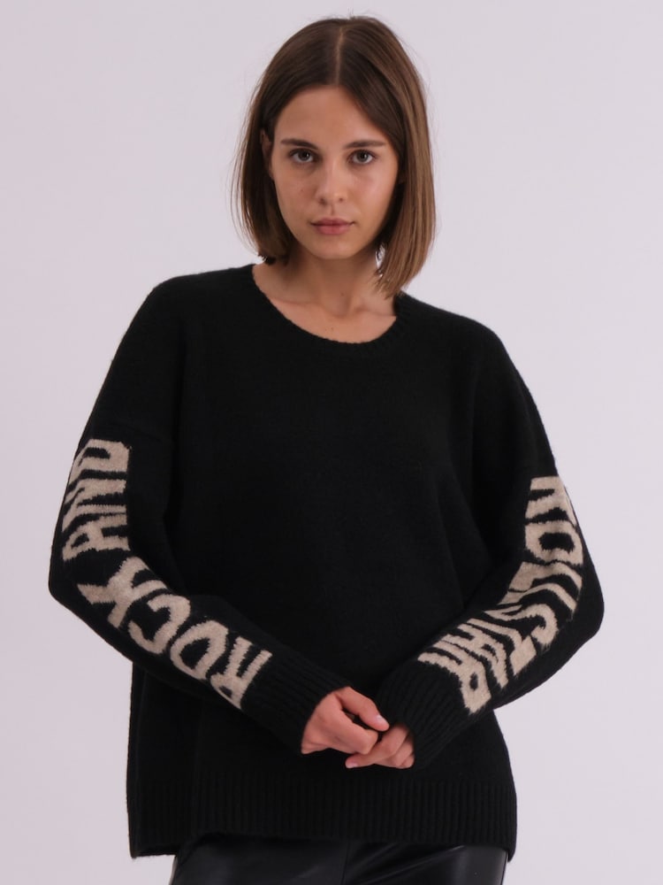 Religion Black Oversized Rock & Roll Star Jumper With Writing On Sleeves - Image 2 of 8 Religion Black Oversized Rock & Roll Star Jumper With Writing On Sleeves - Image 2 of 8