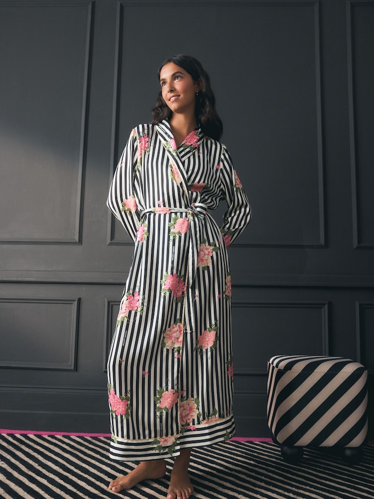 Rockett St George Black/White Flower Power Stripe Satin Robe - Image 1 of 11