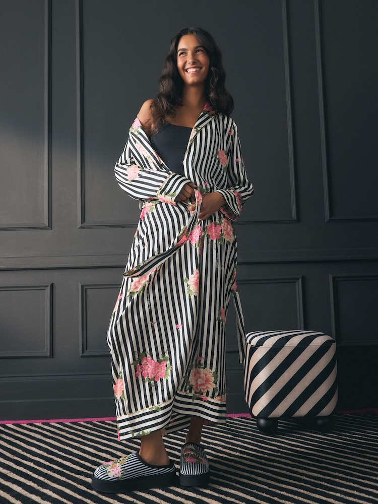 Rockett St George Black/White Flower Power Stripe Satin Robe - Image 2 of 11