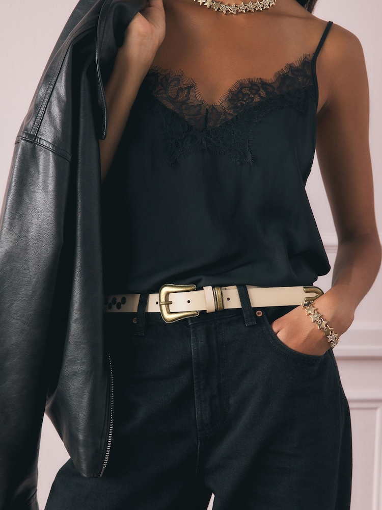 Rockett St George Cream Leather Studded Belt - Image 1 of 4