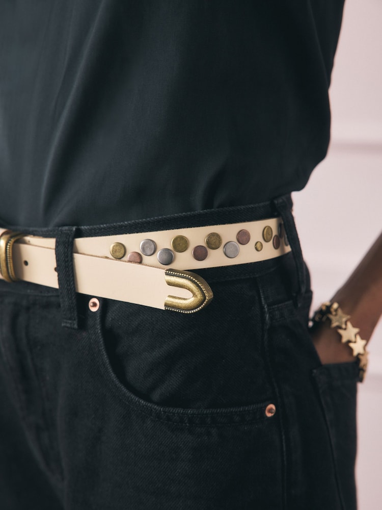 Rockett St George Cream Leather Studded Belt - Image 2 of 4