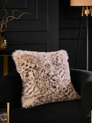 Grey 50 x 50cm Snow Leopard Print Faux Fur Cushion - Image 1 of 5