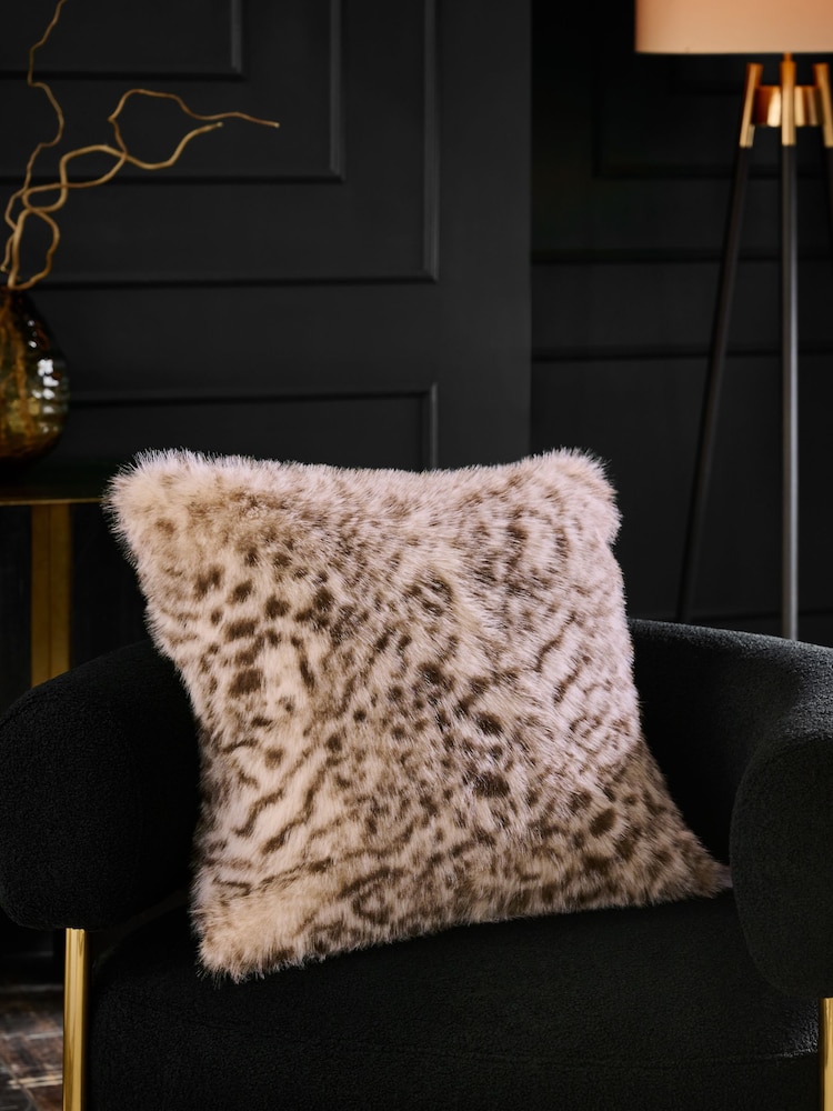 Grey 50 x 50cm Snow Leopard Print Faux Fur Cushion - Image 1 of 5