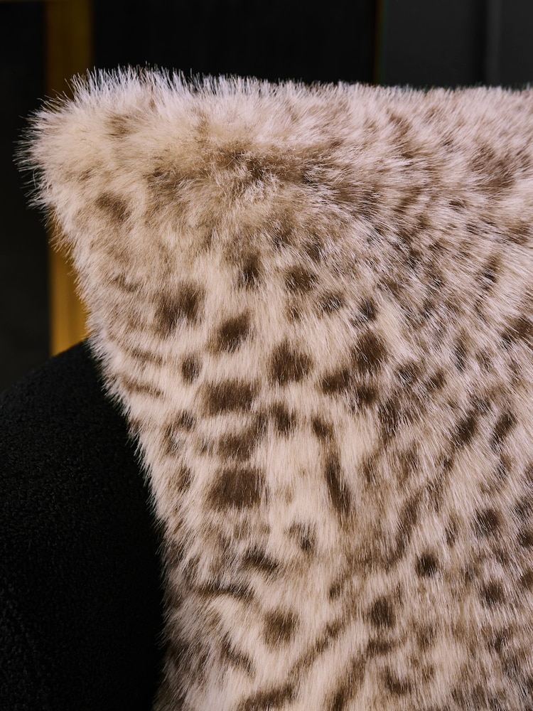 Grey 50 x 50cm Snow Leopard Print Faux Fur Cushion - Image 2 of 5