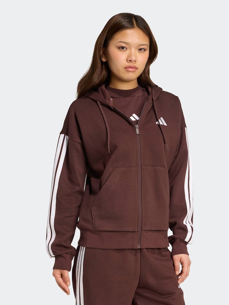 adidas Brown Essentials 3-Stripes Full Zip Fleece Hoodie - Image 2 of 6 adidas Brown Essentials 3-Stripes Full Zip Fleece Hoodie - Image 2 of 6