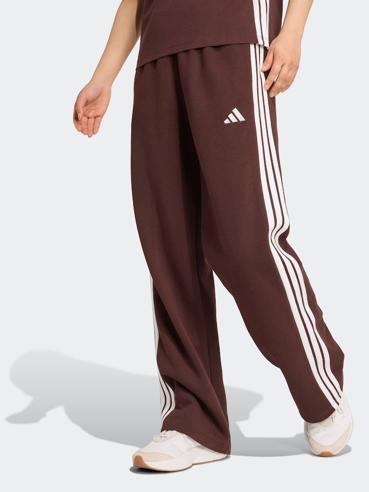 adidas Brown 3 Stripe Fleece Open Hem Joggers - Image 1 of 6 adidas Brown 3 Stripe Fleece Open Hem Joggers - Image 1 of 6