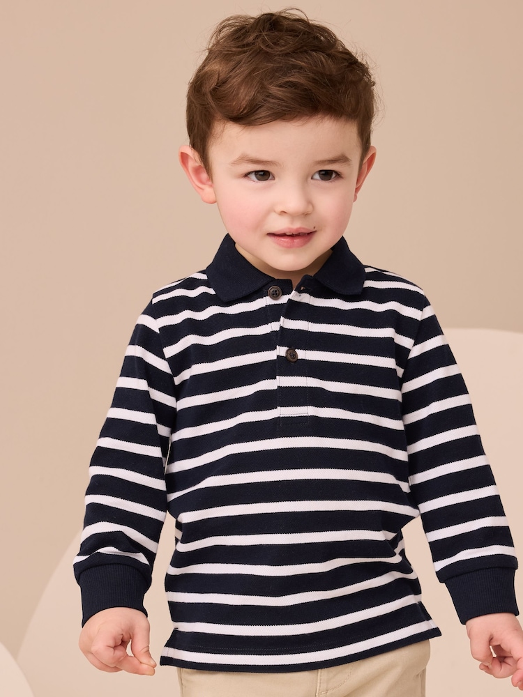 Navy/White Striped Long Sleeve Polo Shirt (3mths-7yrs) - Image 1 of 3