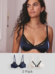 Navy/Cream Non Pad Plunge High Shine Bra - Image 1 of 10
