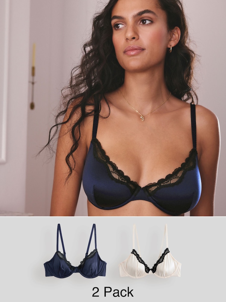 Navy/Cream Non Pad Plunge High Shine Bra - Image 1 of 10 Navy/Cream Non Pad Plunge High Shine Bra - Image 1 of 10