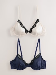 Navy/Cream Non Pad Plunge High Shine Bra - Image 6 of 10