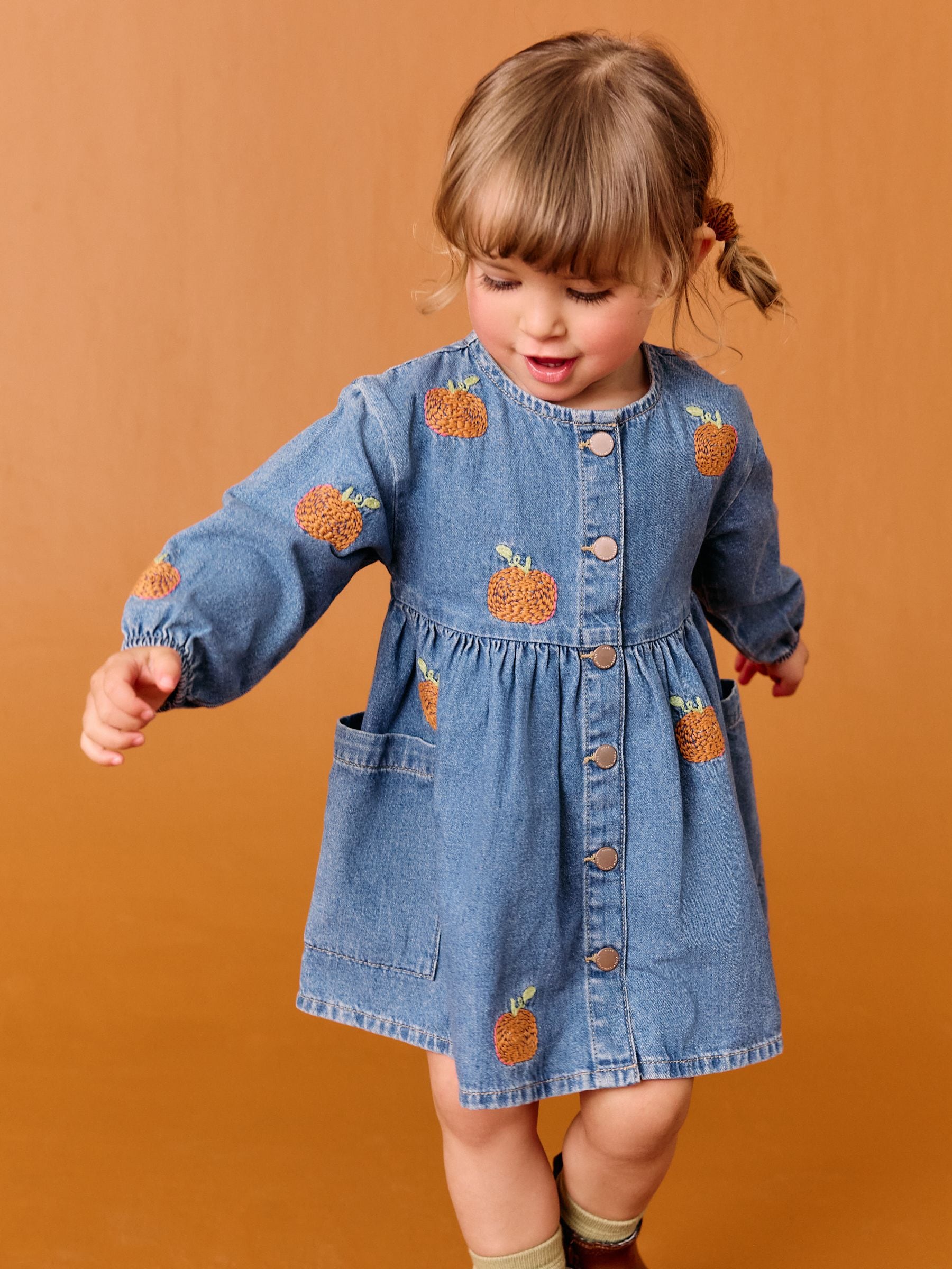Denim Pumpkin Embroidered Long Sleeve Dress (3mths-8yrs)