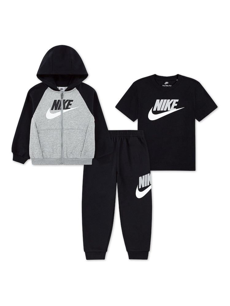 Nike Black Little Kids Zip Through Joggers and T-Shirts 3 Piece Set - Image 1 of 5